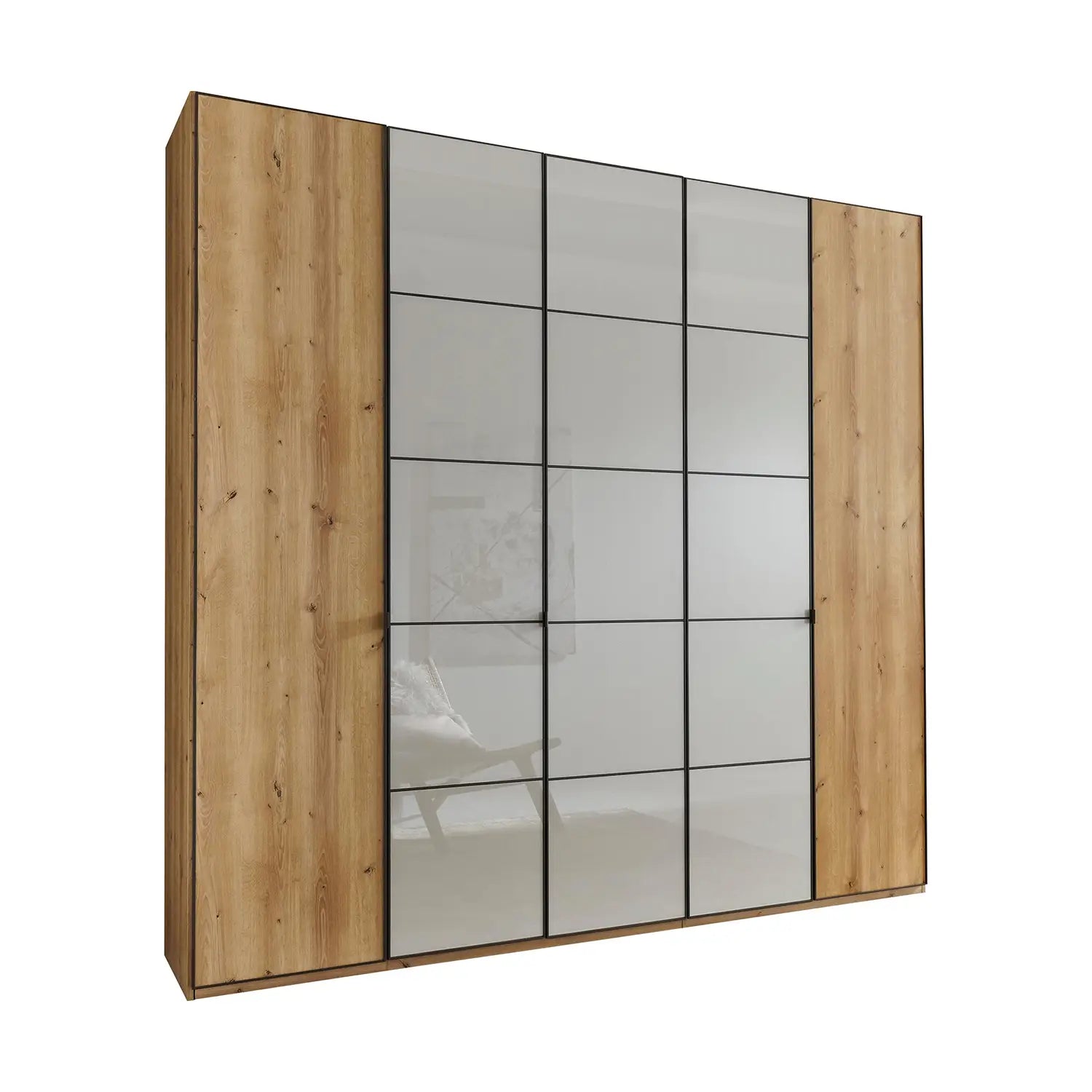 Zenith 250cm Bianco Oak with Pebble Grey Glass 5 Door Hinged Wardrobe