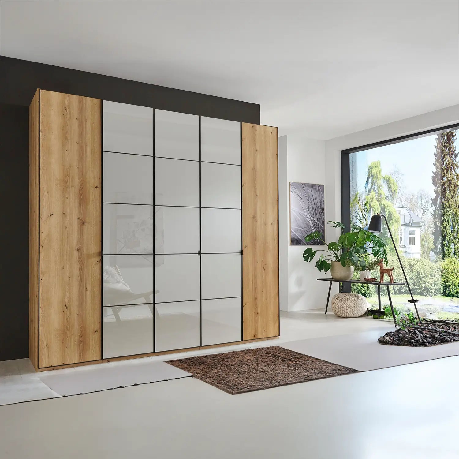 Zenith 250cm Bianco Oak with Pebble Grey Glass 5 Door Hinged Wardrobe