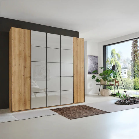 Zenith 250cm Bianco Oak with Pebble Grey Glass 5 Door Hinged Wardrobe . Available in heights 216cm and 236cm. Also available in various colours and sizes - Lifestyle Image