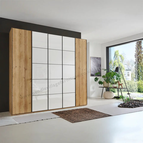 Wiemann Zenth Light Oak and White Glass 5 Door Hinged Wardrobe