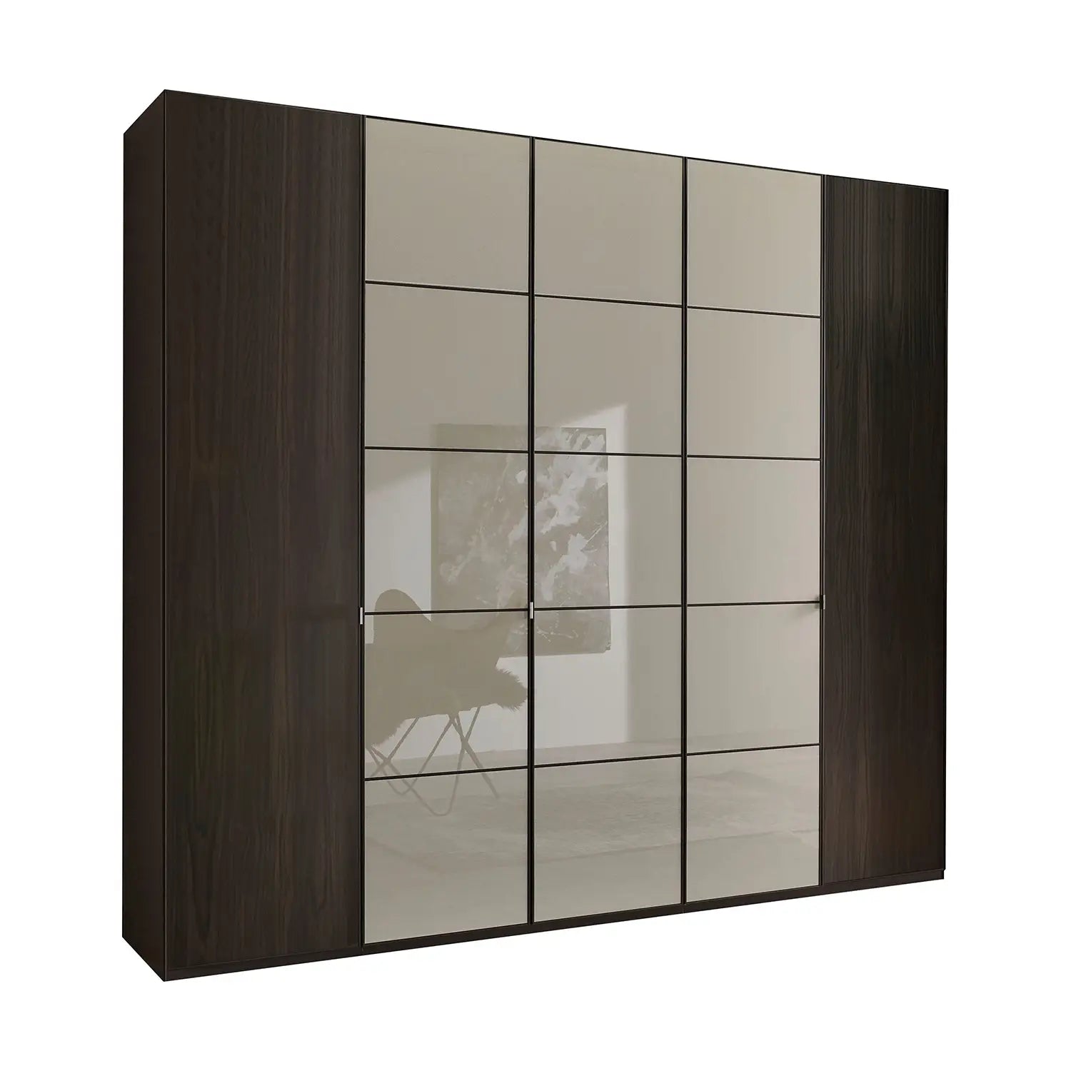 Zenith 250cm Mocca Oak with Havana Glass 5 Door Hinged Wardrobe