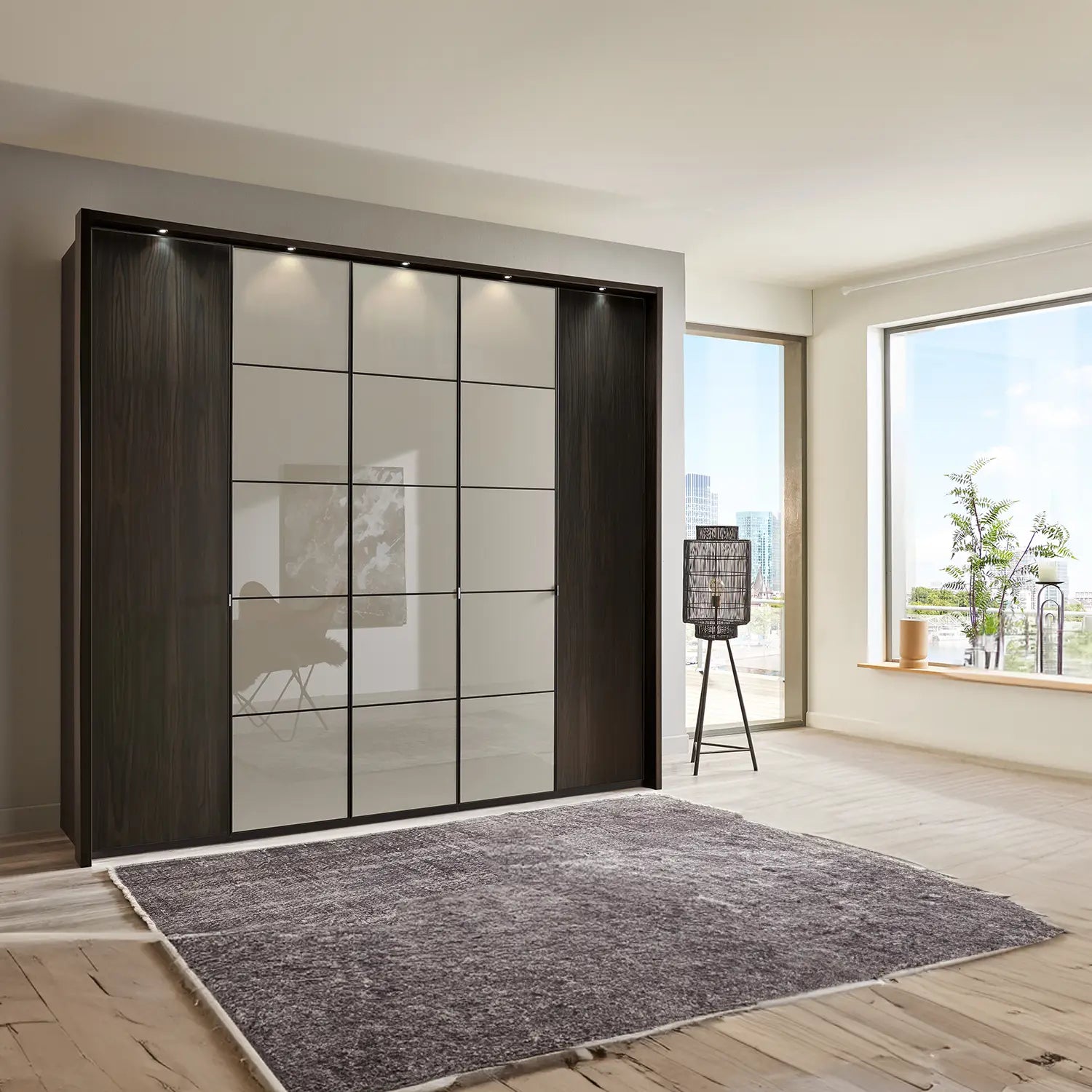 Zenith 250cm Mocca Oak with Havana Glass 5 Door Hinged Wardrobe