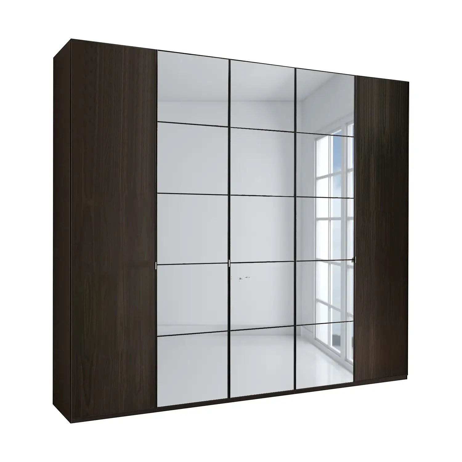Zenith 250cm 5 Door Hinged Mocca Oak Mirrored Wardrobe