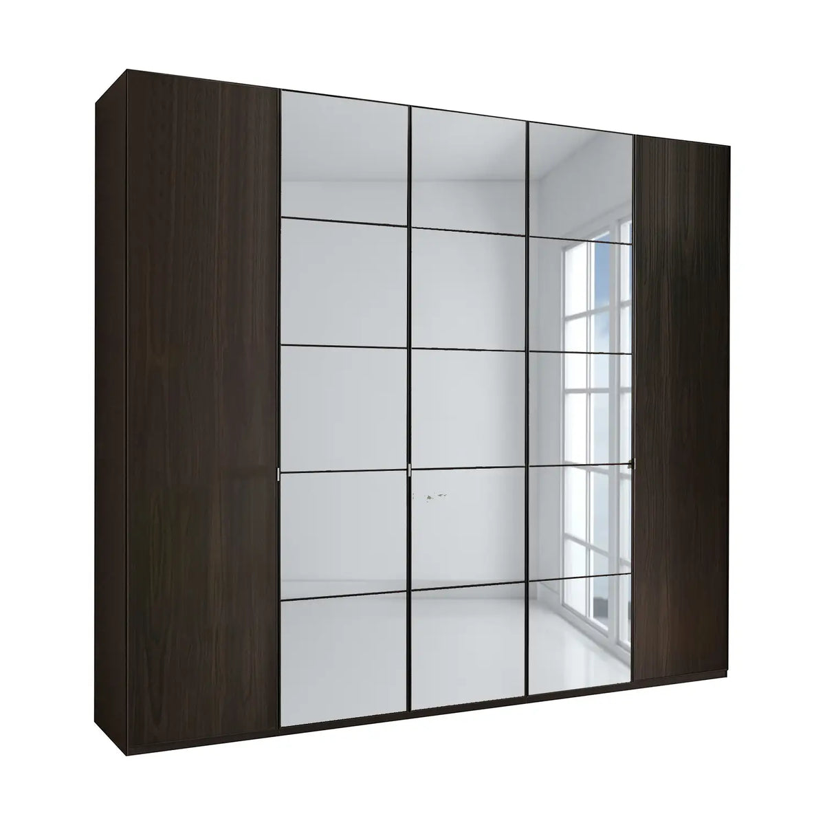 Zenith 250cm 5 Door Hinged Mocca Oak Mirrored Wardrobe. Available in heights 216cm and 236cm. Also available in various colours and sizes - Main Image 