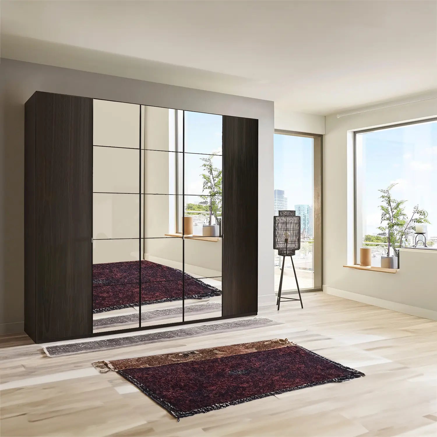 Zenith 250cm 5 Door Hinged Mocca Oak Mirrored Wardrobe