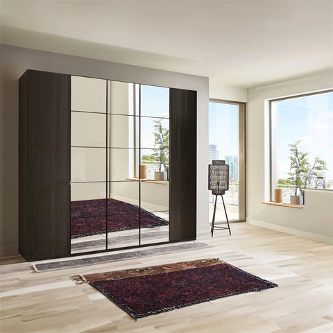 Zenith 250cm 5 Door Hinged Mocca Oak Mirrored Wardrobe. Available in heights 216cm and 236cm. Also available in various colours and sizes - Lifestyle Image