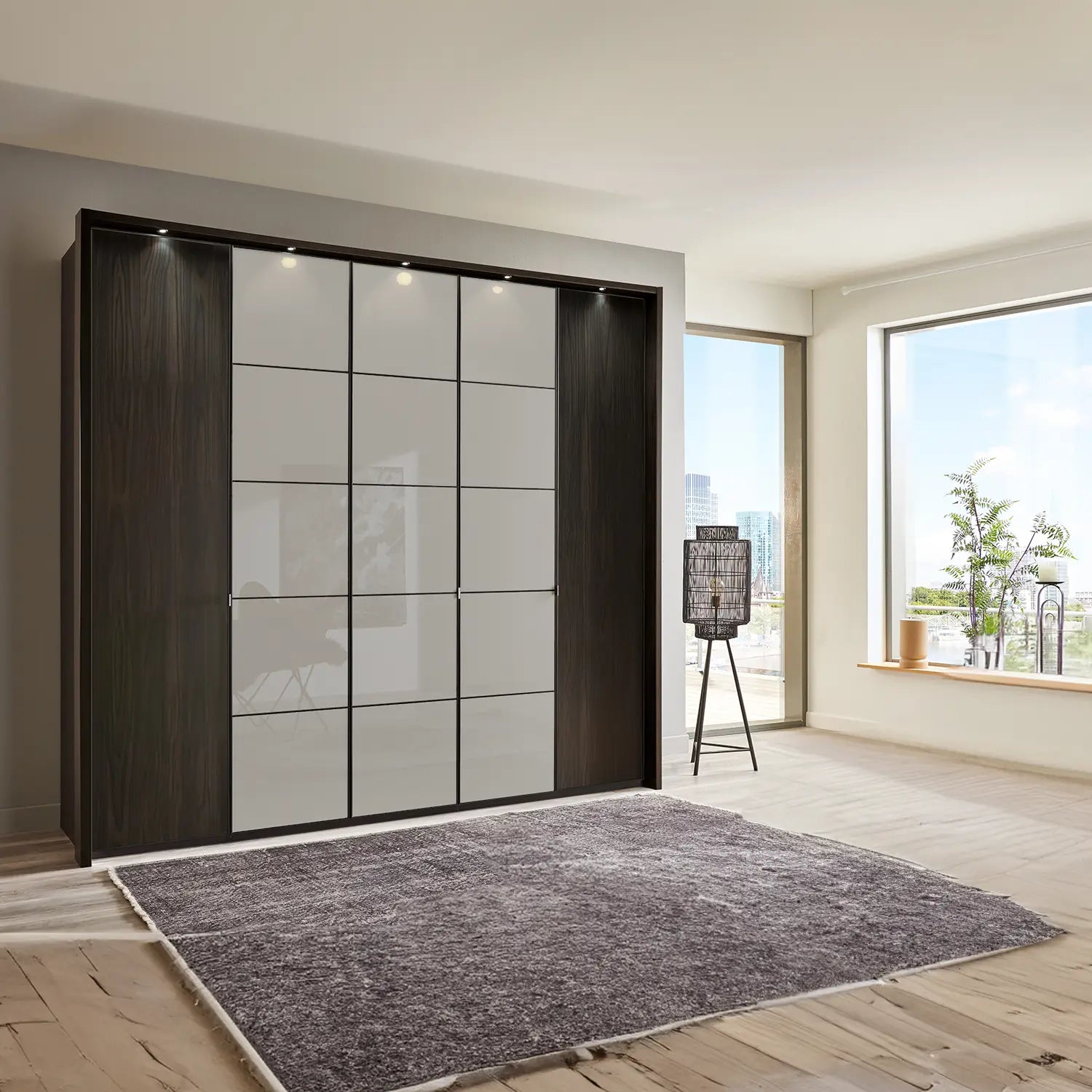 Zenith 250cm Mocca Oak with Pebble Grey Glass 5 Door Hinged Wardrobe