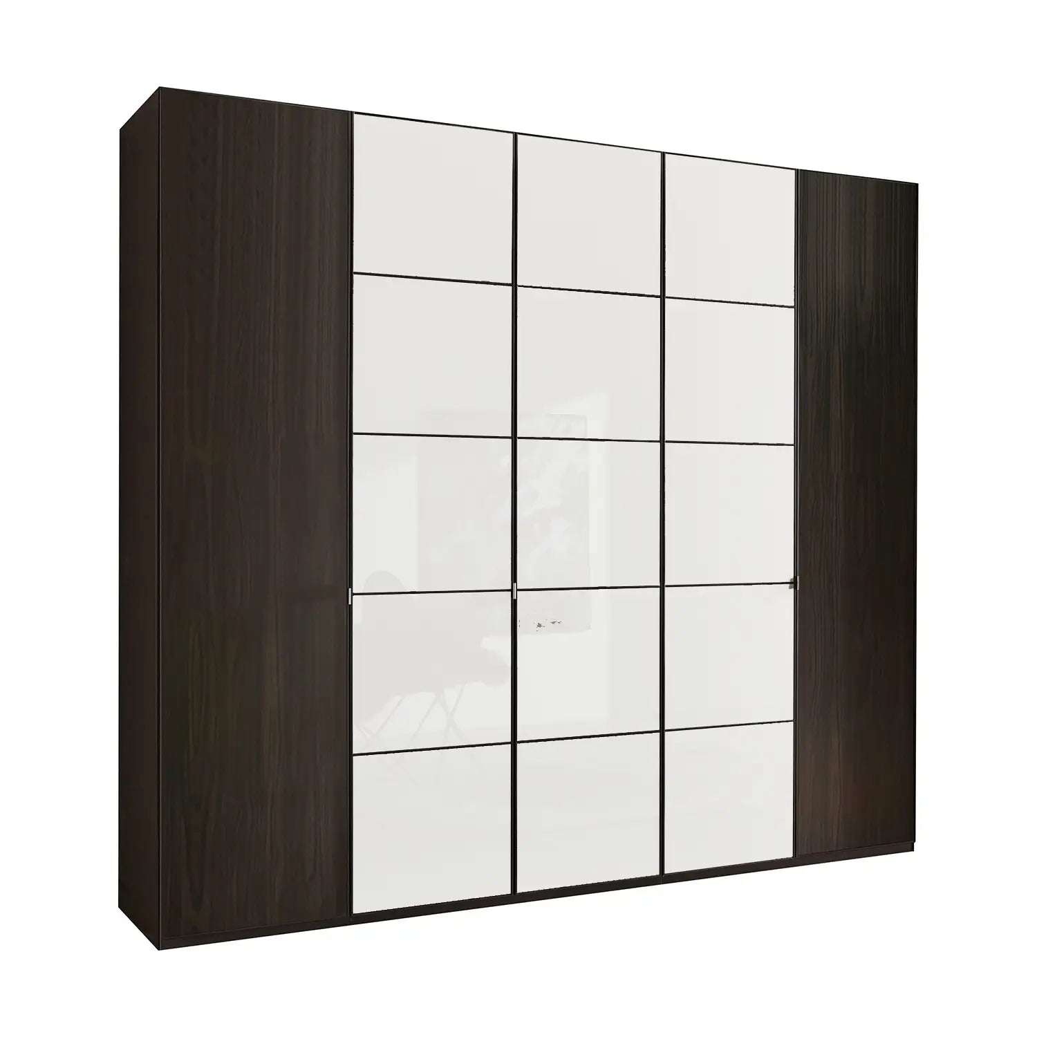 Zenith 250cm 5 Door Hinged Wardrobe in Mocca Oak with White Glass