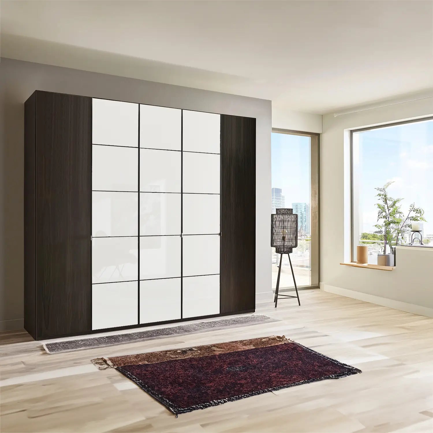 Zenith 250cm 5 Door Hinged Wardrobe in Mocca Oak with White Glass