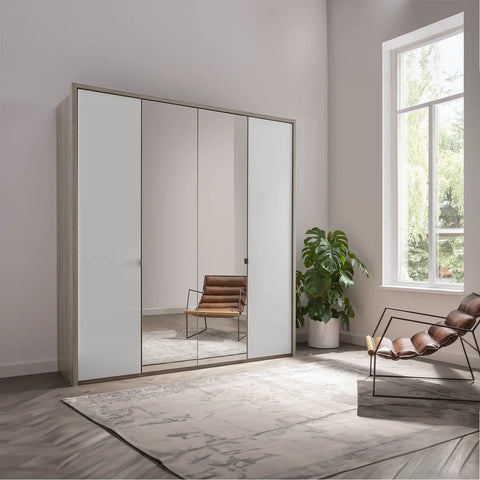 Wiemann Tampa 4 Door Hinged Oak and White Glass Wardrobe