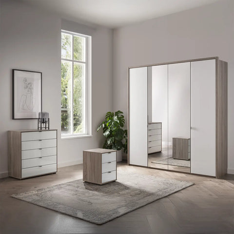 Torino 4 Door Hinged Oak and White Glass Wardrobe and Bedroom Furniture such as Bedside Tables and Chest of drawers