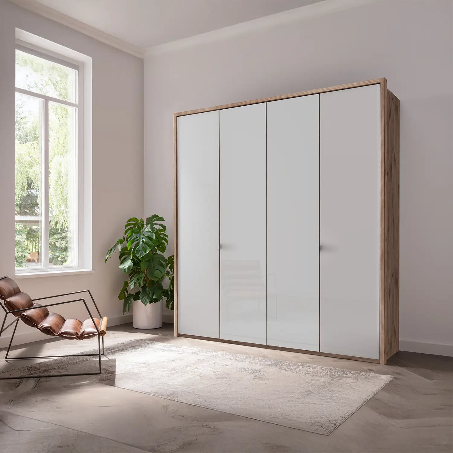 Torino 4 Door Hinged Oak and White Glass Wardrobe