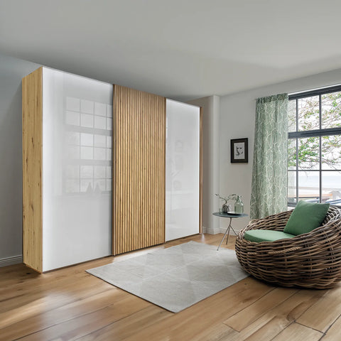 Wieman Denver 3 Door Sliding Wardrobe with White Doors Middle door in Bianco Oak decking  available in 4 Widths 225,  250, 280 and 300cm - Lifestyle