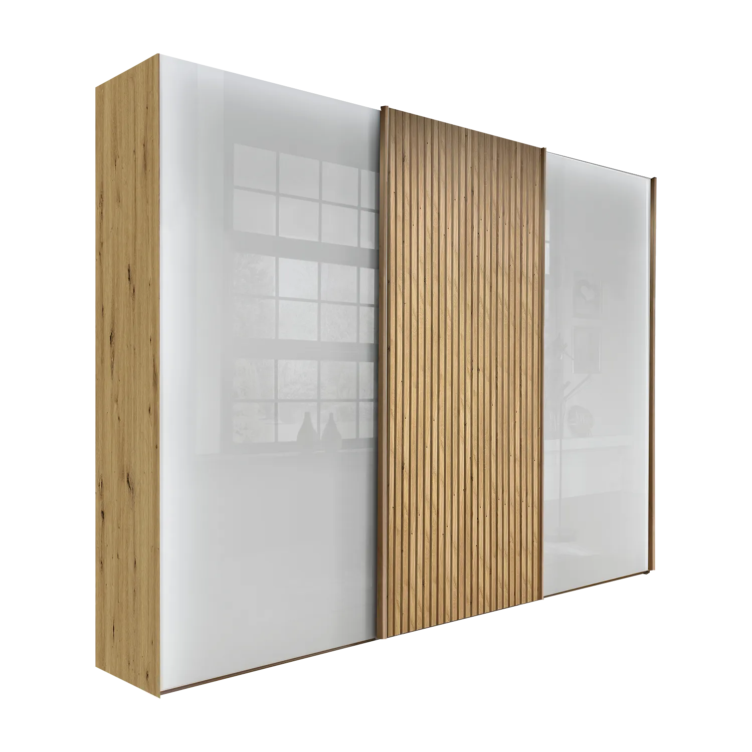 Wieman Denver 3 Door Sliding Wardrobe with White Glass Doors Middle door in Bianco Oak decking  available in 4 Widths 225,  250, 280 and 300cm