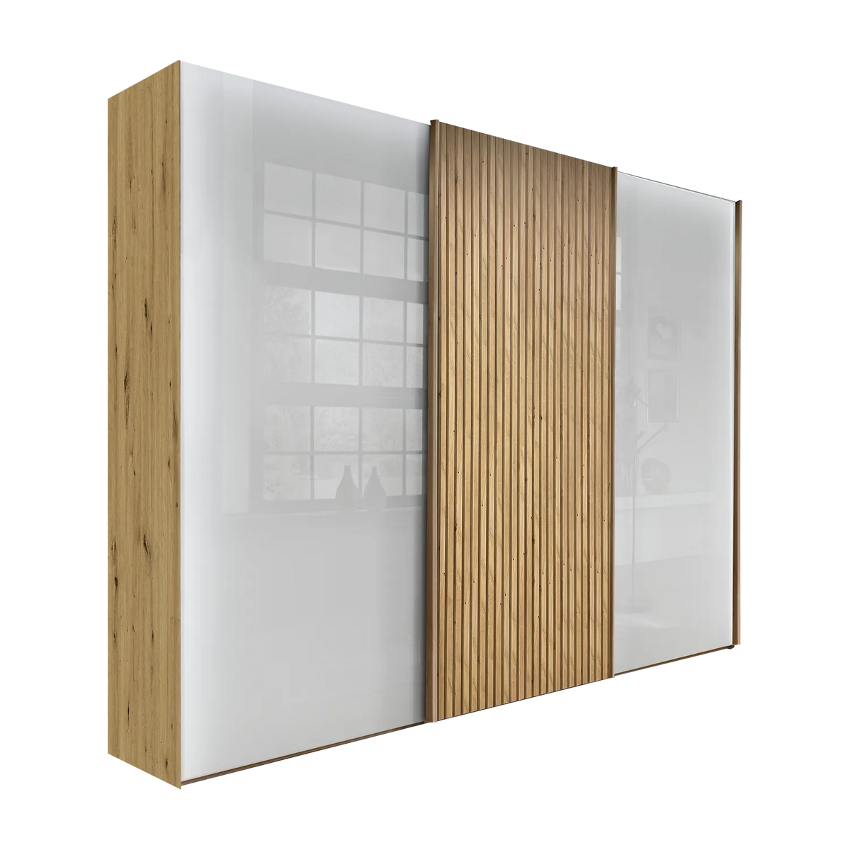 Wieman Denver 3 Door Sliding Wardrobe with White Glass Doors Middle door in Bianco Oak decking  available in 4 Widths 225,  250, 280 and 300cm