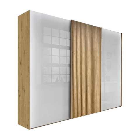 Wieman Denver 3 Door Sliding Wardrobe with White Glass Doors Middle door in Bianco Oak decking  available in 4 Widths 225,  250, 280 and 300cm