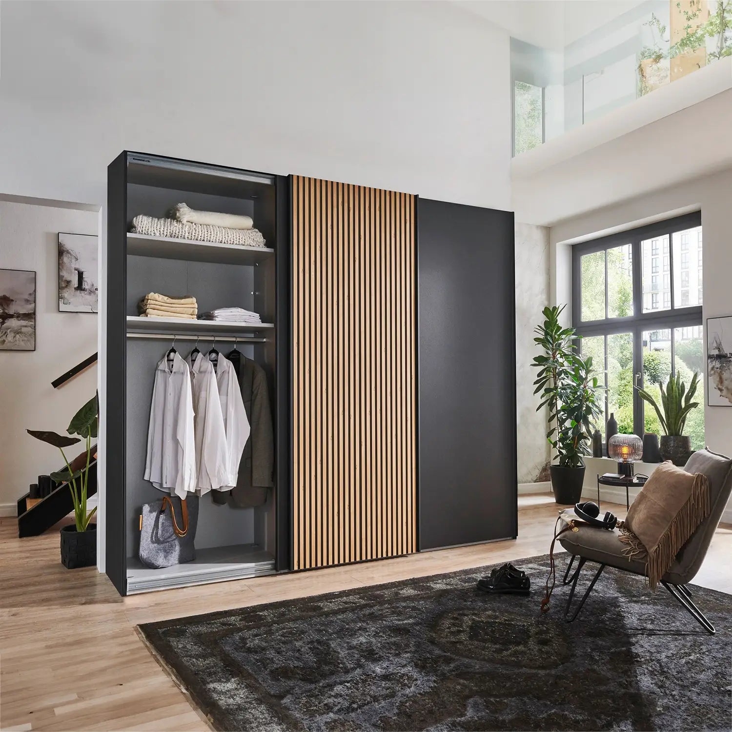 Wiemann Denver 3 Door Graphite Sliding Door Wardrobe with Oak Decking