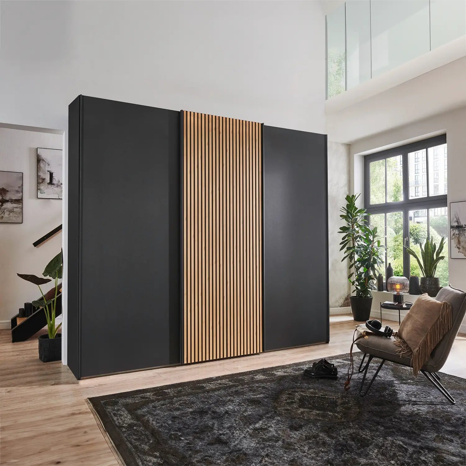 Tulsa 3 Door Graphite Sliding Door Wardrobe with Oak Decking - Lifestyle 