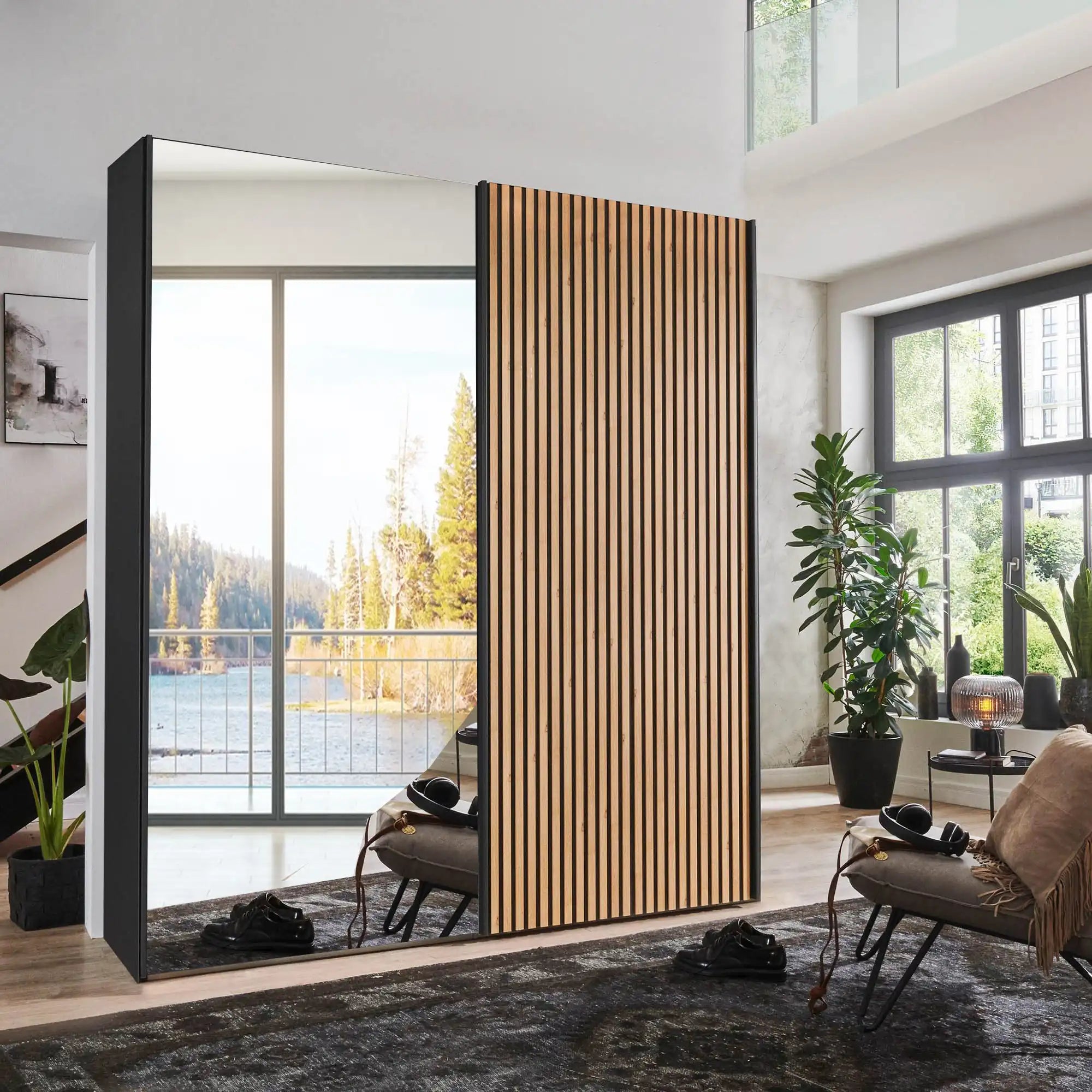 Tulsa Graphite Double Freestanding Mirrored Wardrobe