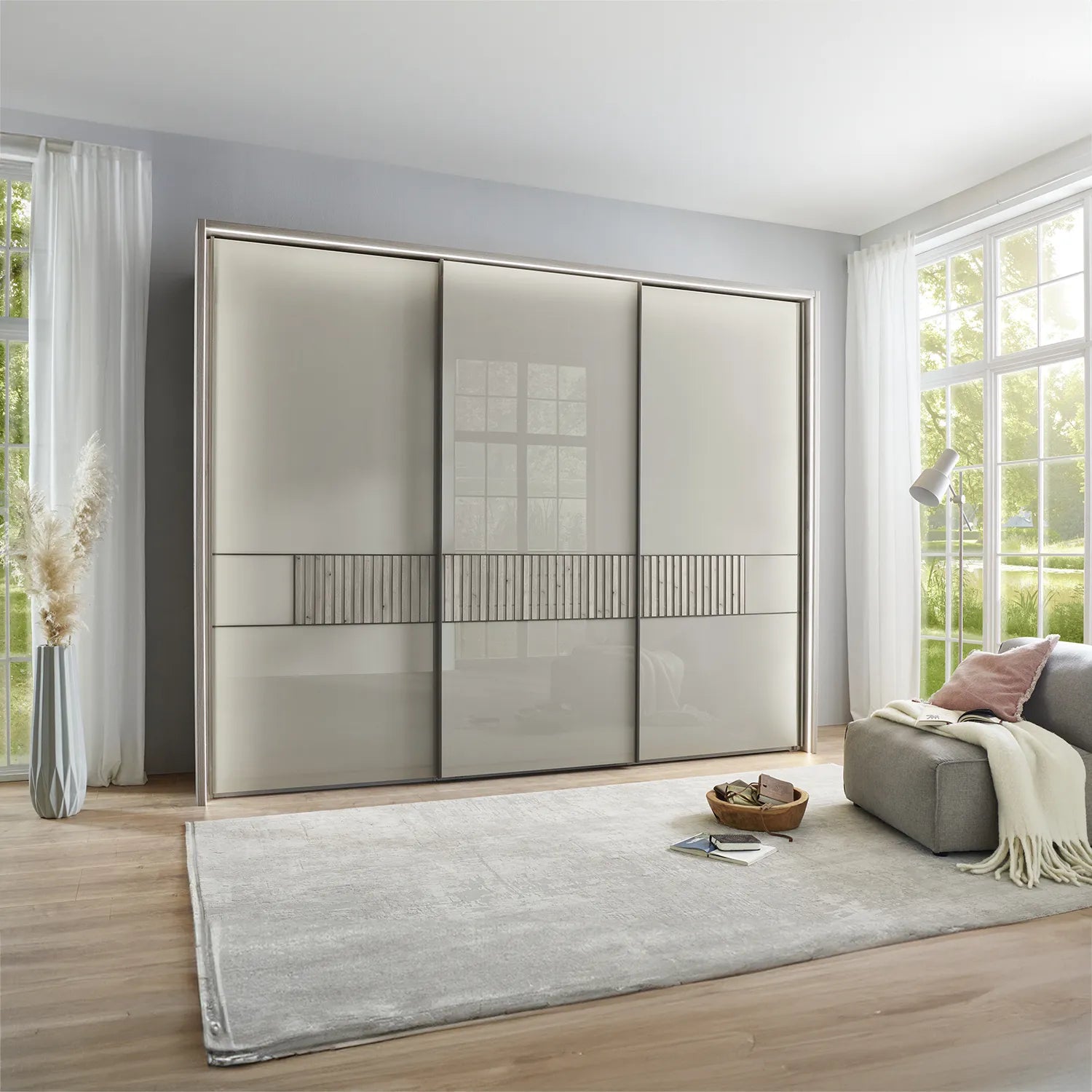 Wiemann Vilmar Pebble Grey Glass 3 Door Sliding Wardrobe with Passepartout Light Frame