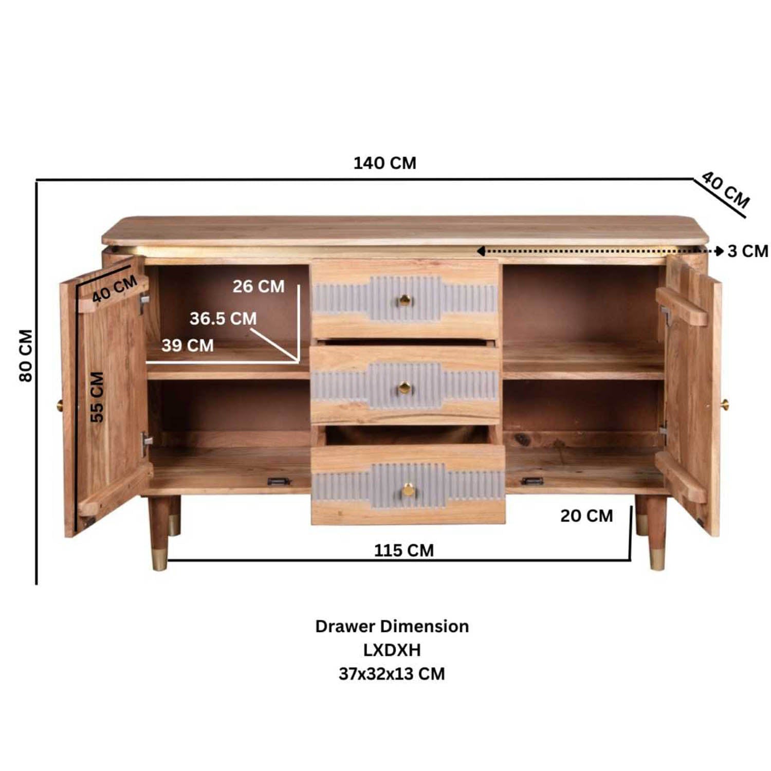 Wilton Acacia Wood 2 Doors and 3 Drawers Sideboard