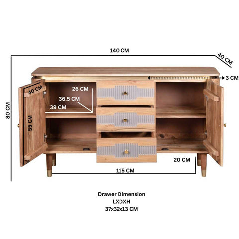 Wilton Acacia Wood 2 Doors and 3 Drawers Sideboard, also available in 2 door - Dimensions