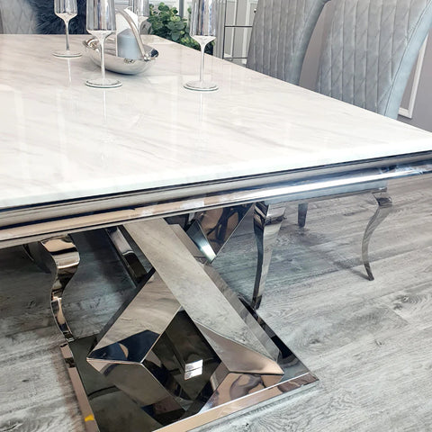 Brescia 1.8M White Marble and Chrome Dining Table - Close Up