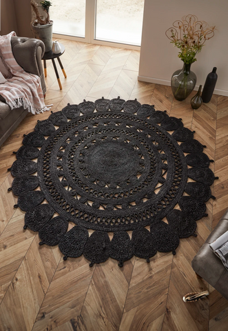 Zarla Black Jute Round Rug, 120cmx120cm - Also available in Natural - Roomset Image