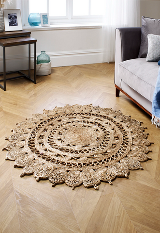 Zarla Black Jute Round Rug, 120cmx120cm - Also available in Natural - Roomset Natural Rug Image