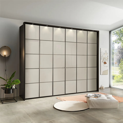 Zenith Pebble Grey Glass Front 300cm Large 6 Door Wardrobe, also available in Havana, White and Champagne Glass