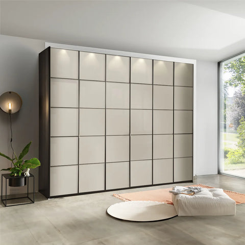 Zenith Pebble Grey Glass Front 300cm Large 6 Door Wardrobe, also available in Havana, White and Champagne Glass - Lifestyle Image