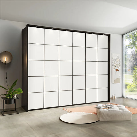 Zenith White Glass Front 300cm Large 6 Door Wardrobe, also available in Havana, Pebble Grey and Champagne Glass - Wardrobe with Passepartout Lifestyle Image 