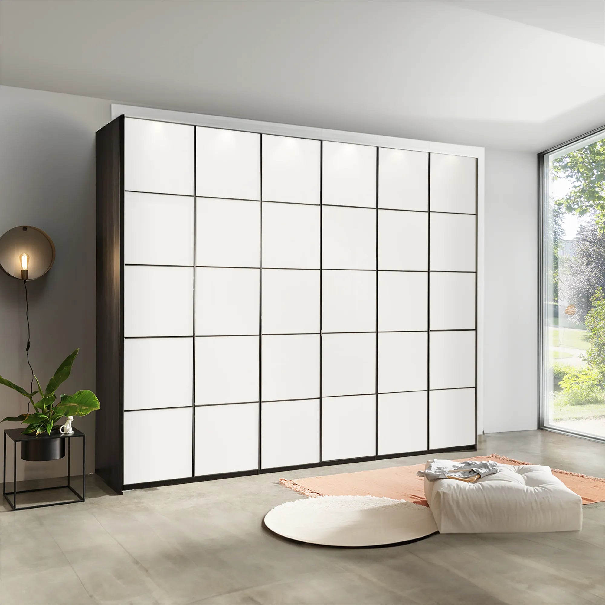 Zenith White Glass Front 300cm Large 6 Door Wardrobe, also available in Havana, Pebble Grey and Champagne Glass - Lifestyle image 