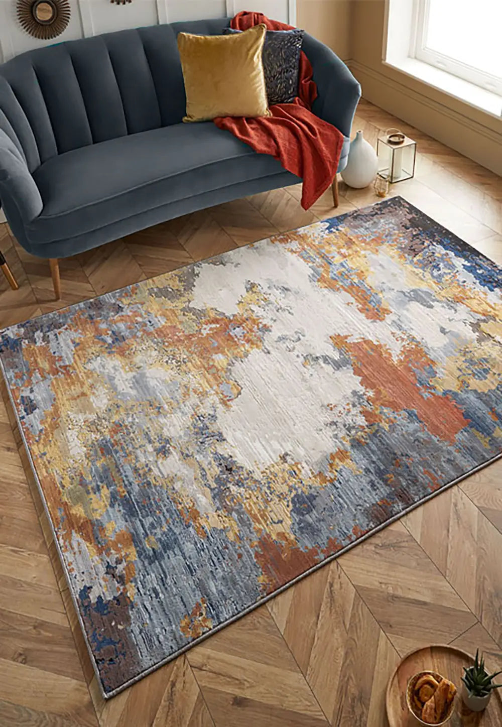 Astro Modern Beige, Navy and Rust Distressed Rug