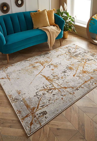 Astro Modern Abstract Gold Cream Grey Rug. Available in 3 sizes and 4 Designs - 7150J Lifestyle Image