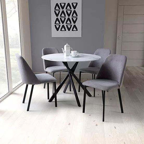 White Marble effect Round Dining Table and 4 Grey Linen Effect Dining Chairs