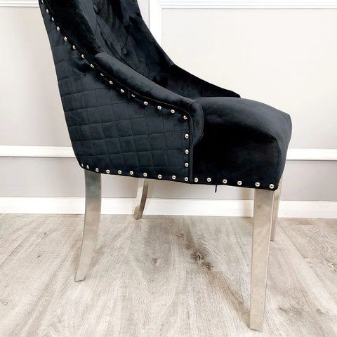 Black velvet Chrome Legs Dining Chairs with Chrome Lion knockerback - Stud detailing 