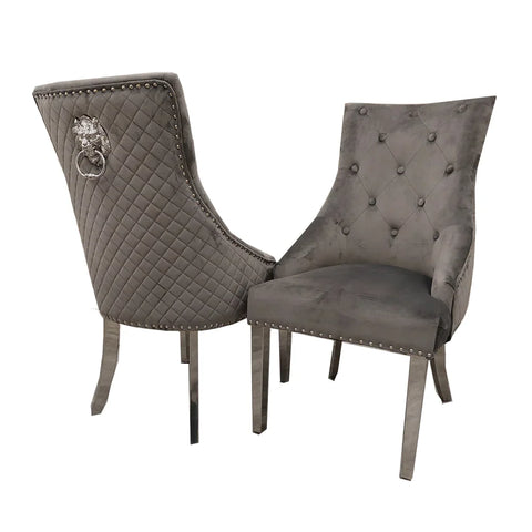 Grey Velvet Chairs with Chrome Studs and Lion Head Handle Back