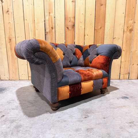 Copper Orange & Grey Patchwork Velvet Chesterfield Snuggle Chair, Also available in various sizes - Main Image 