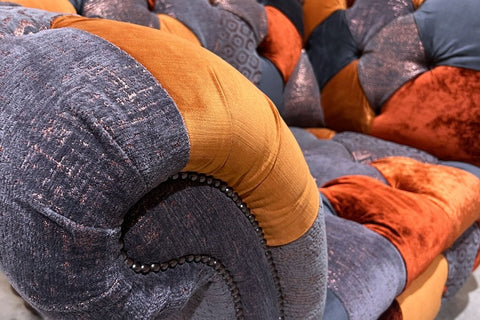 Copper Orange & Grey Patchwork Velvet Chesterfield Snuggle Chair, Also available in various size sofas - Armrest Image