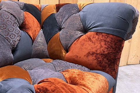 Copper Orange & Grey Patchwork Velvet Chesterfield Snuggle Chair, Also available in various size sofas - Patchwork Detail Image