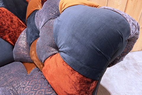 Copper Orange & Grey Patchwork Velvet Chesterfield Snuggle Chair, Also available in various size sofas - Armrest Detail Image