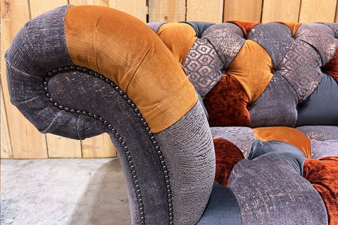 Copper Orange & Grey Patchwork Velvet Chesterfield Snuggle Chair, Also available in various size sofas - Stud Detail Image