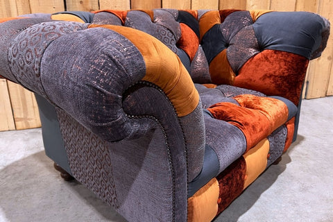 Copper Orange & Grey Patchwork Velvet Chesterfield Snuggle Chair, Also available in various size sofas - Side View  Image