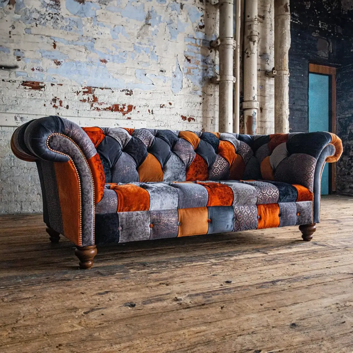 Copper Orange & Grey Patchwork Velvet Chesterfield Sofa, available in various sizes - Main Image 