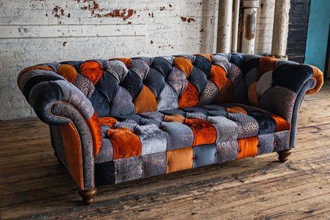 Copper Orange & Grey Patchwork Velvet Chesterfield Sofa, available in various sizes - Lifestyle Image