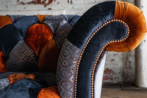 Copper Orange & Grey Patchwork Velvet Chesterfield Sofa, available in various sizes - Studded detail Image