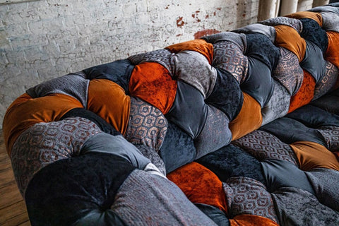 Copper Orange & Grey Patchwork Velvet Chesterfield Sofa, available in various sizes - Patchwork Design Image