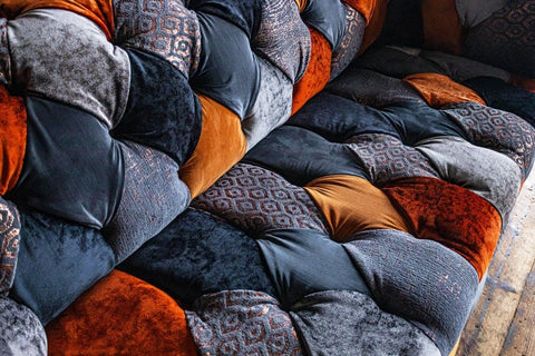 Copper Orange & Grey Patchwork Velvet Chesterfield Sofa, available in various sizes - Patchwork close up Image