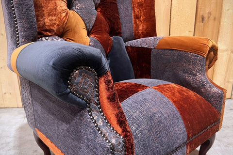 Oswald & Pablo Camborne Patchwork Velvet Chesterfield Wing Chair, also available in various size sofas - Stud Detail Image